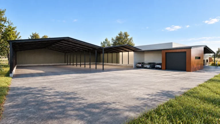 Vue aérienne de l’entrée d’un bâtiment viticole avec façade en bardage sombre, auvent sur poteaux bois, parking et aménagements paysagers.
