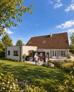 Vue extérieure d'une extension contemporaine à toit plat, accolée à une maison traditionnelle avec toiture en tuiles, donnant sur une terrasse et un jardin paysager.
